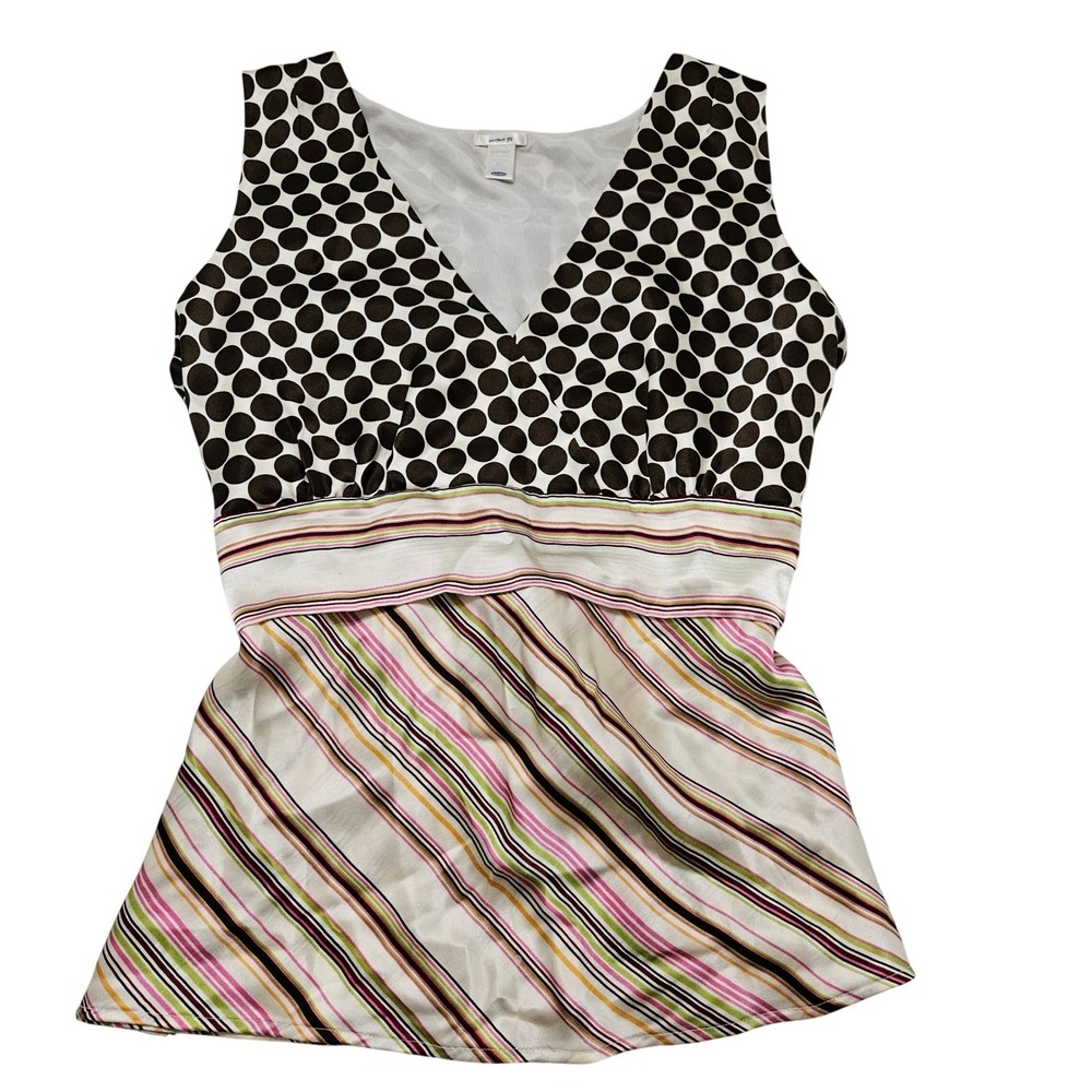 Old Navy VTG Y2k Silk Polka Dot Striped V-Neck Babydoll Blouse Sz XL Preppy